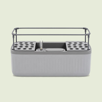 Self-Watering Herb Planter With Trellis on a soft green background