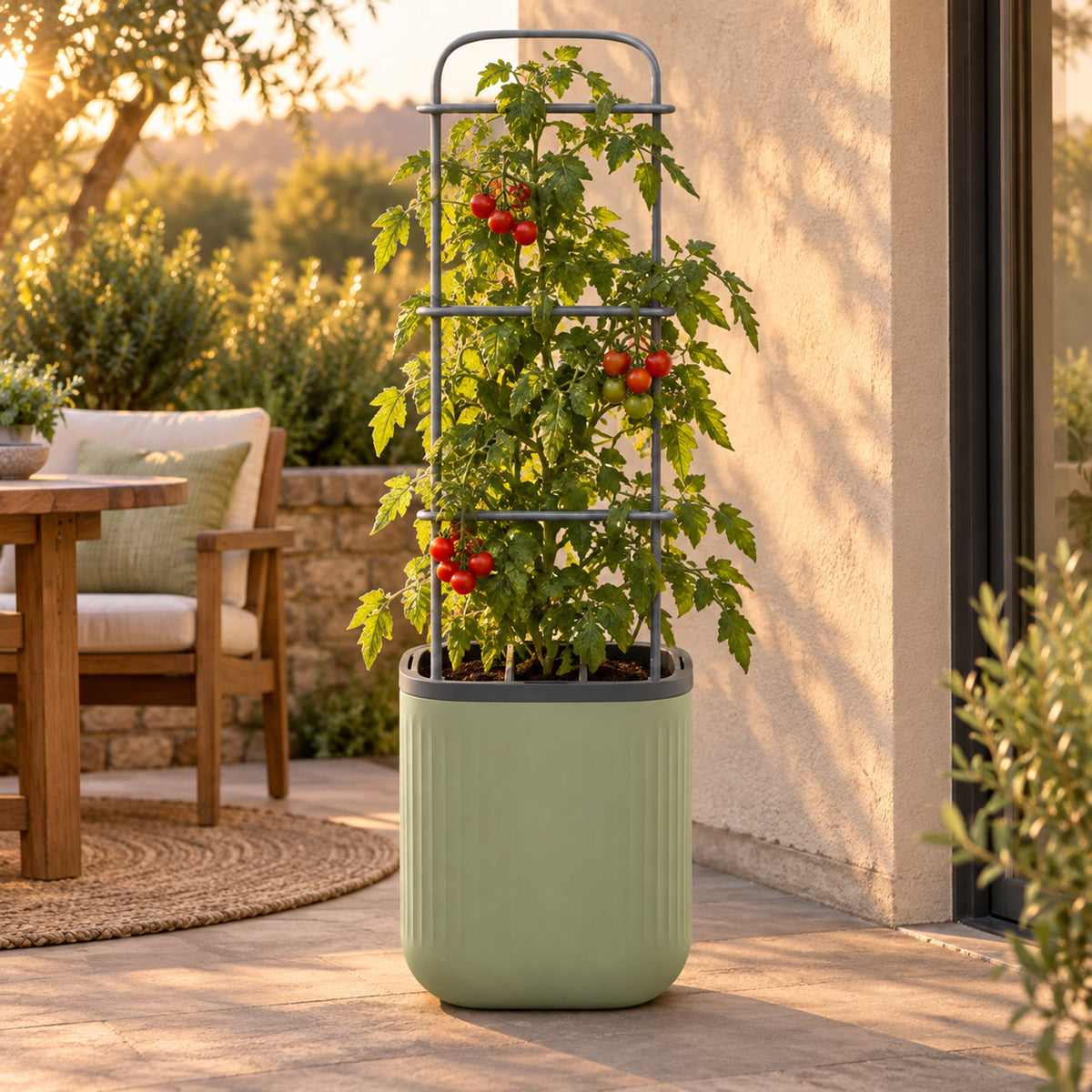 Self-Watering Tomato Planter with Adjustable Trellis in use in a home garden