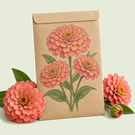 Kraft seed packet illustrated with Senora Zinnia, with fresh Senora Zinnia beside it