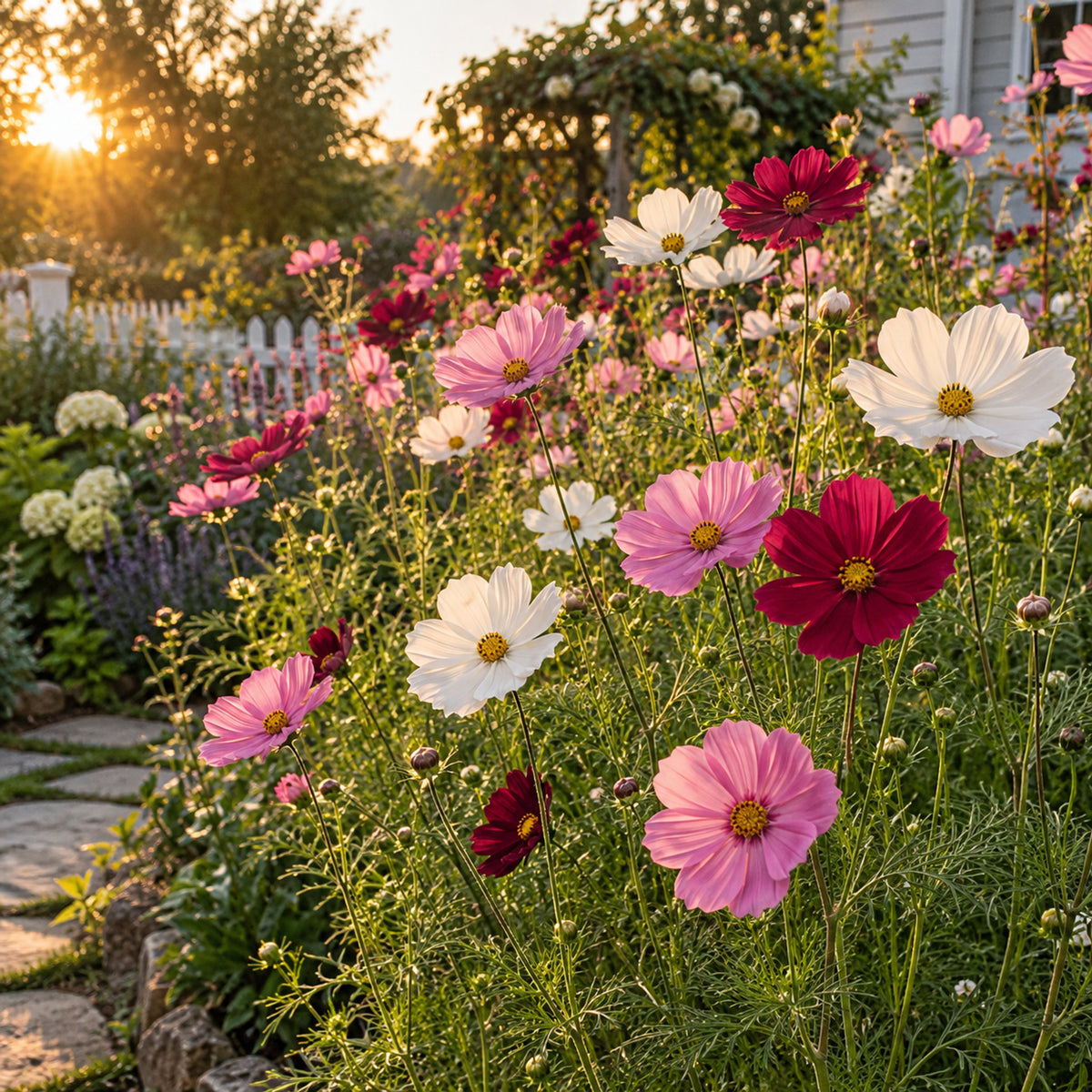 Sensation Blend Cosmos Seeds growing in a home garden