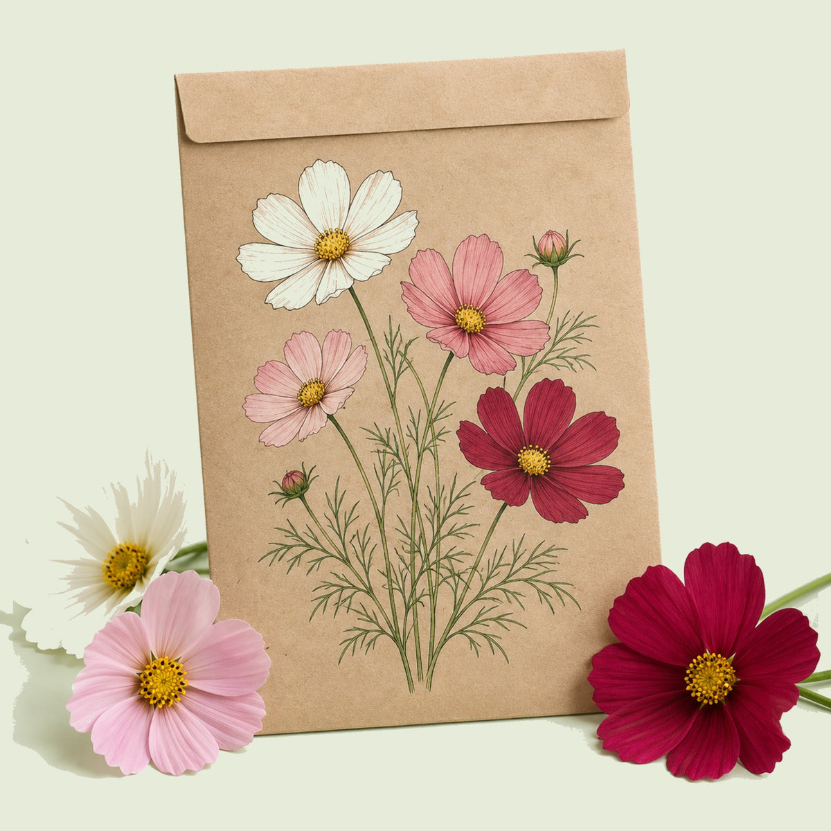 Kraft seed packet illustrated with Sensation Blend Cosmos, with fresh Sensation Blend Cosmos beside it
