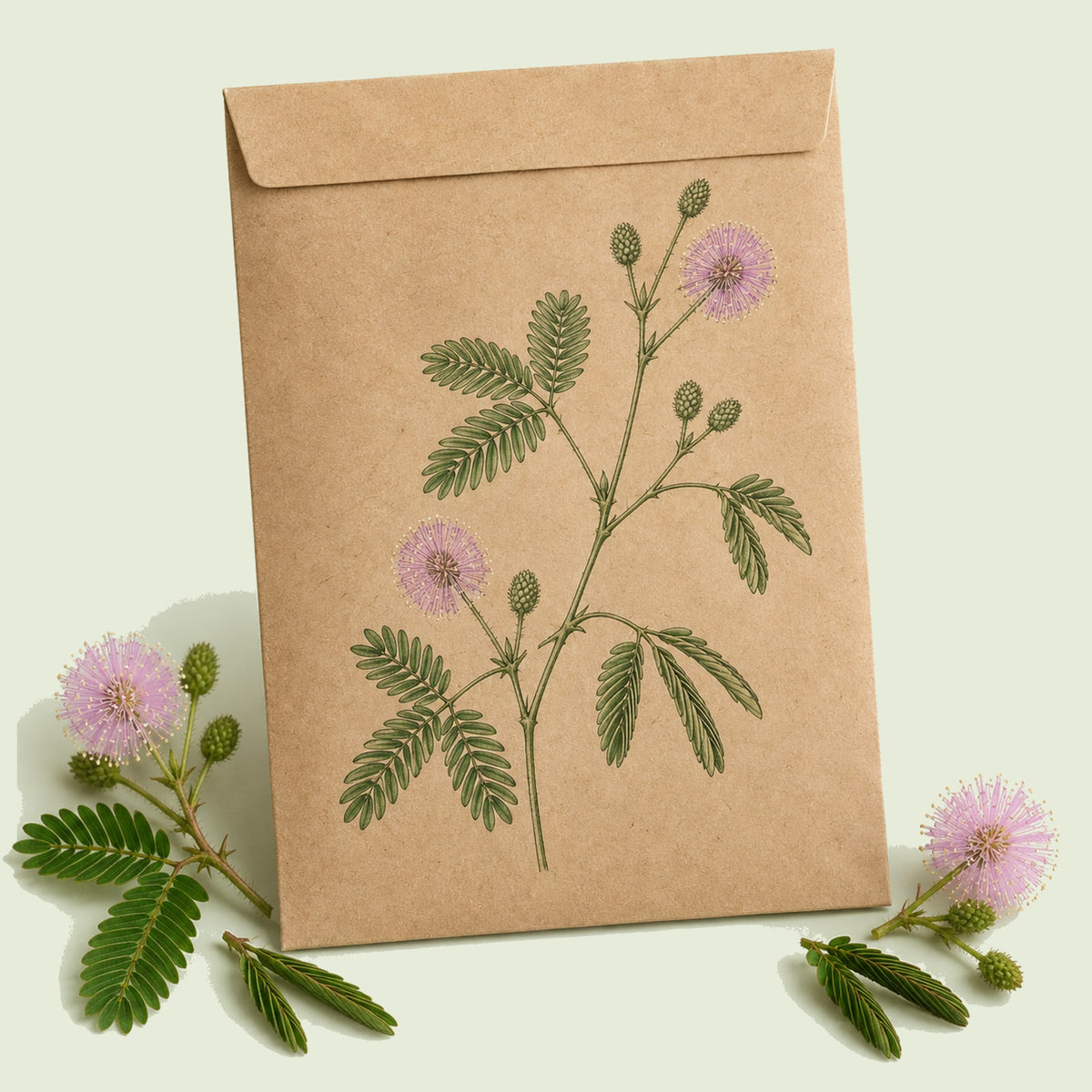 Kraft seed packet illustrated with Sensitive Plant, with fresh Sensitive Plant beside it