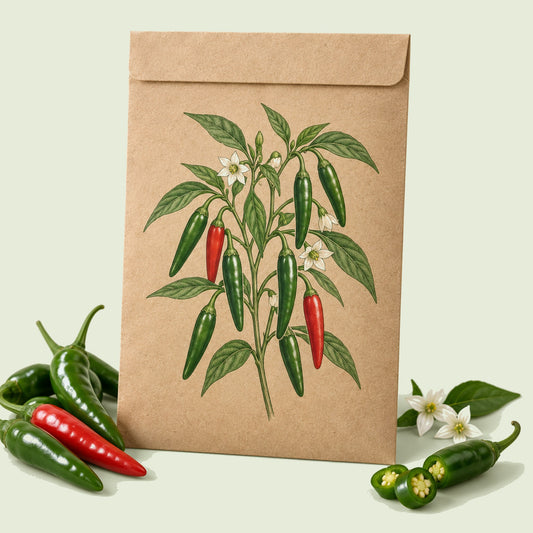 Kraft seed packet illustrated with Serrano Chile Pepper, with fresh Serrano Chile Pepper beside it