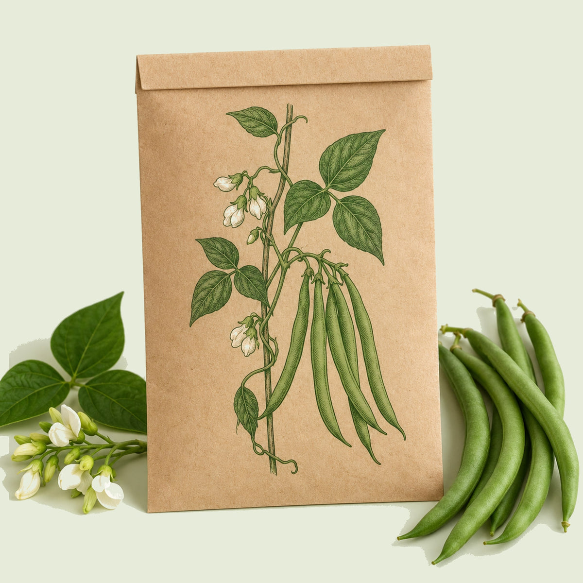 Kraft seed packet illustrated with Seychelles Pole Bean, with fresh Seychelles Pole Bean beside it