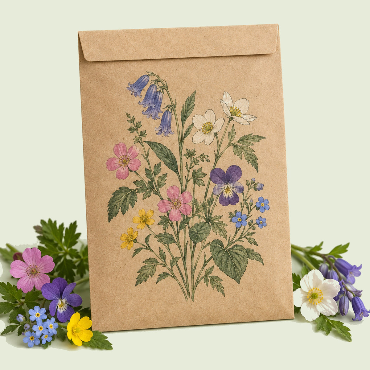 Kraft seed packet illustrated with Shade Flower Mix, with fresh Shade Flower Mix beside it