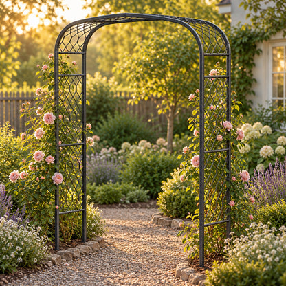 Shallow-Curve Garden Arch, Lattice Frame in use in a home garden