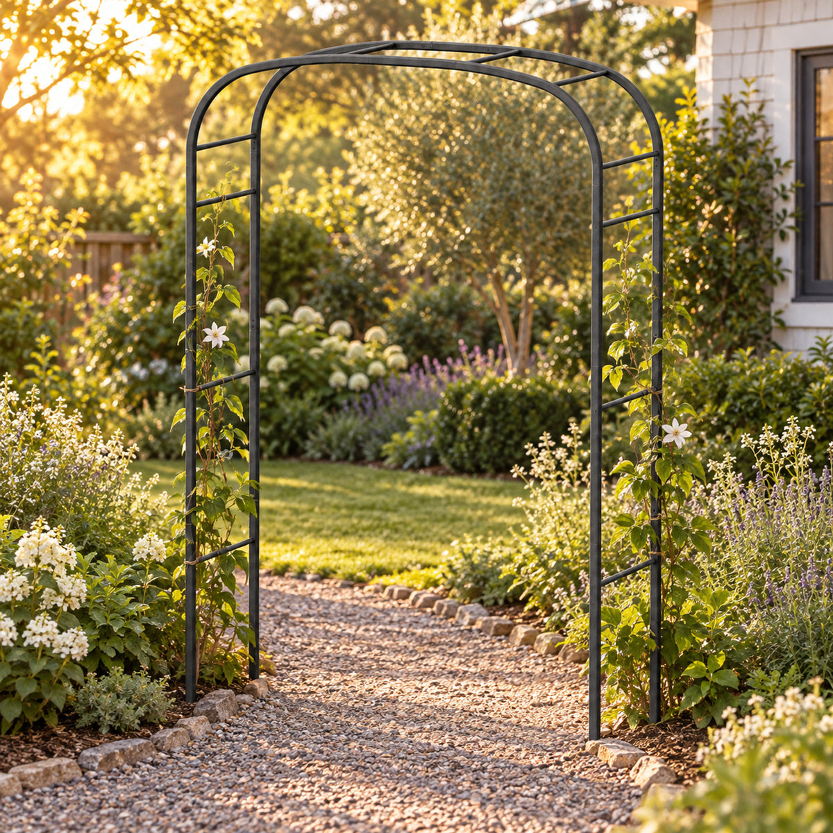 Shallow-Curve Garden Arch, Standard Frame in use in a home garden