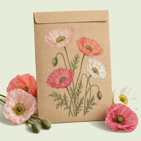 Kraft seed packet illustrated with Shirley Corn Poppy Blend, with fresh Shirley Corn Poppy Blend beside it