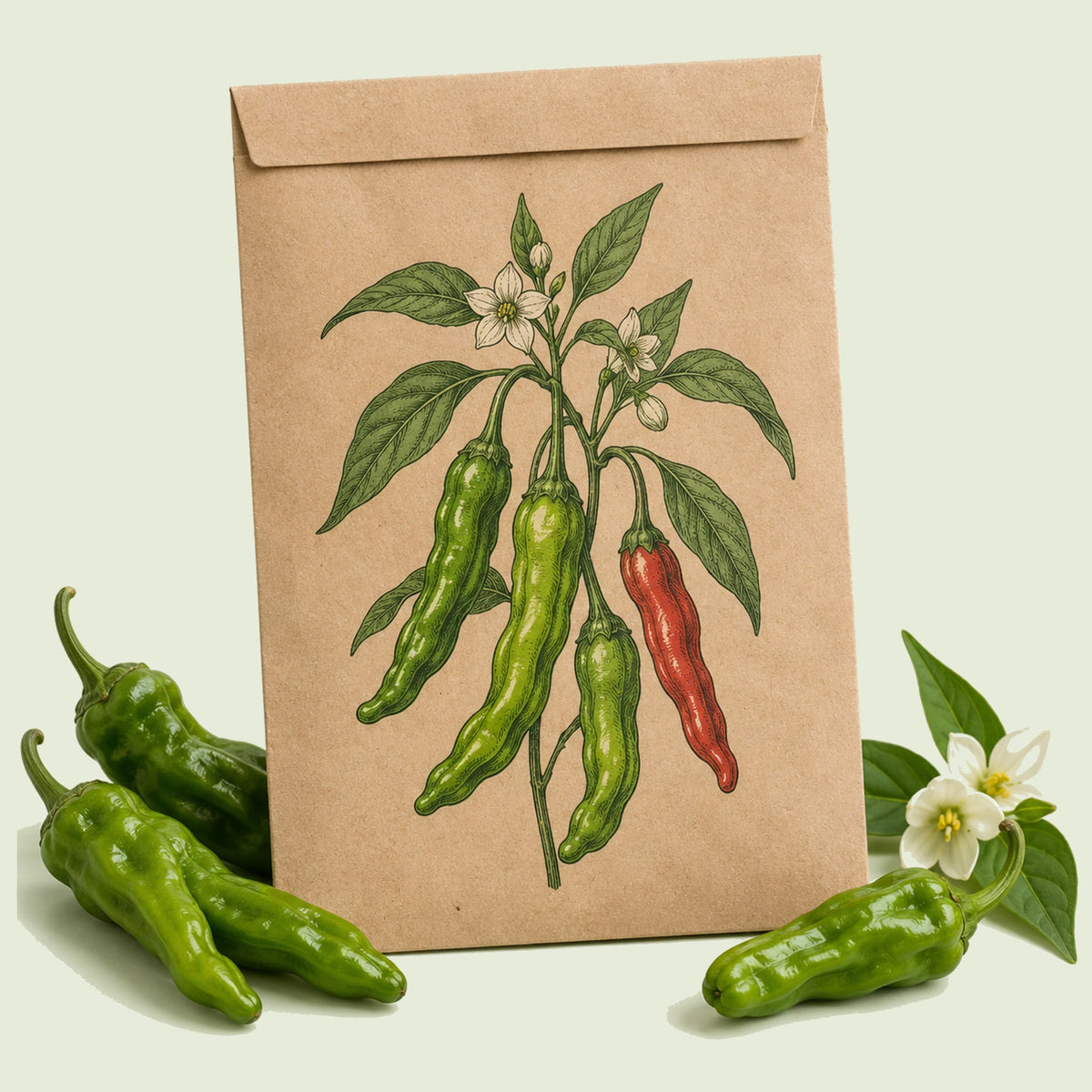 Kraft seed packet illustrated with Shishito Chile Pepper, with fresh Shishito Chile Pepper beside it
