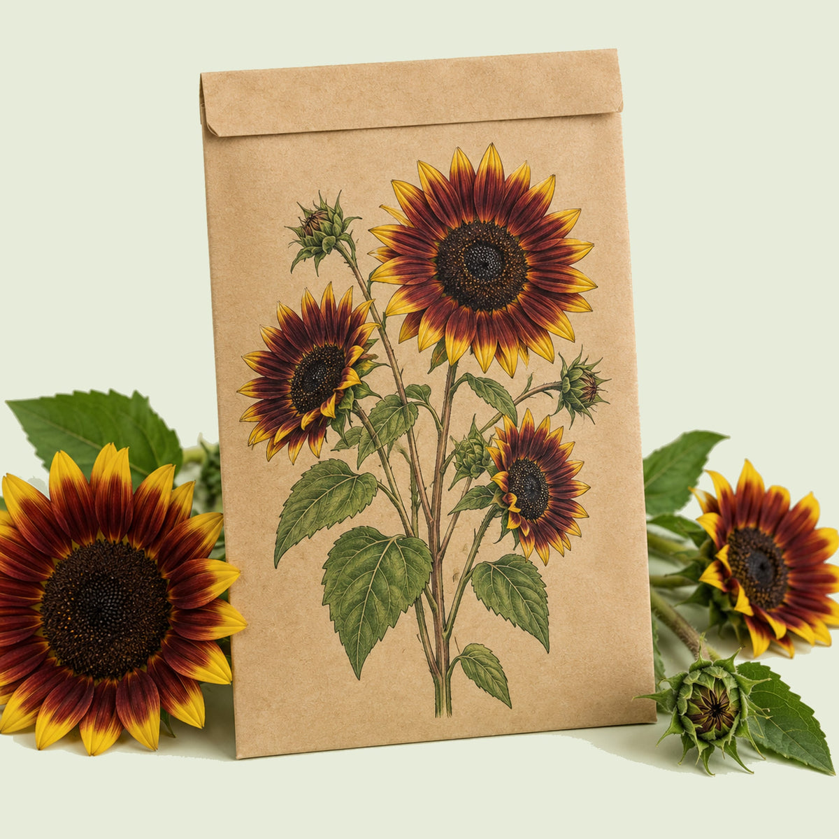 Kraft seed packet illustrated with Shock-O-Lat Sunflower, with fresh Shock-O-Lat Sunflower beside it