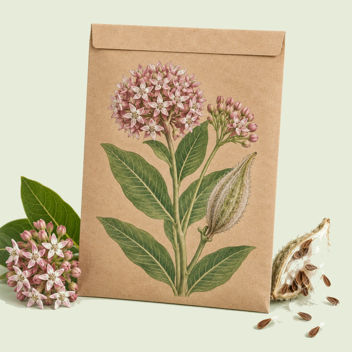 Kraft seed packet illustrated with Showy Milkweed, with fresh Showy Milkweed beside it