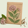 Kraft seed packet illustrated with Showy Milkweed, with fresh Showy Milkweed beside it