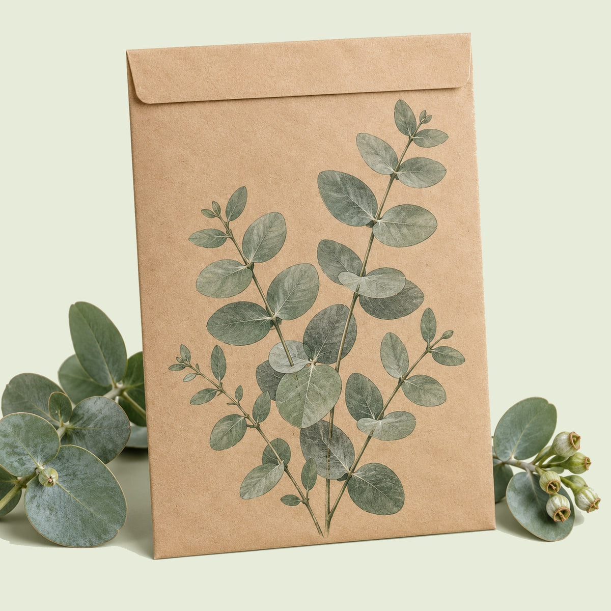 Kraft seed packet illustrated with Silver Drop Eucalyptus, with fresh Silver Drop Eucalyptus beside it