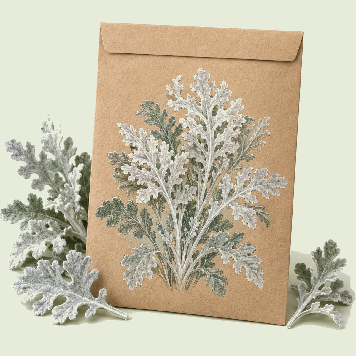 Kraft seed packet illustrated with Silverdust Dusty Miller, with fresh Silverdust Dusty Miller beside it
