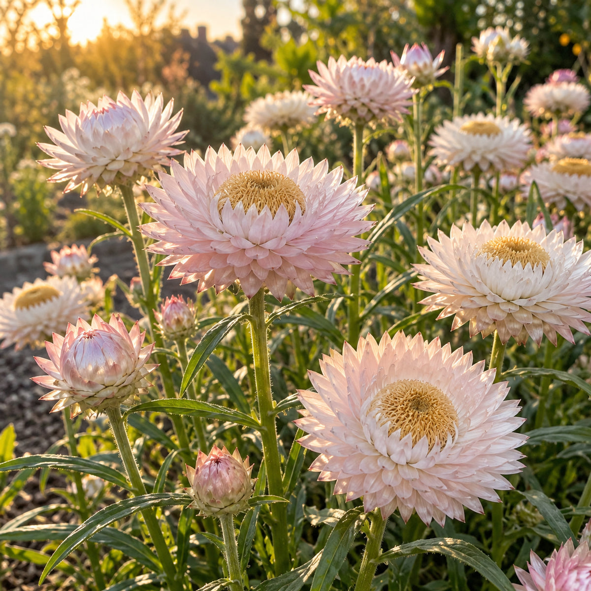 Silvery Rose Strawflower Seeds growing in a home garden