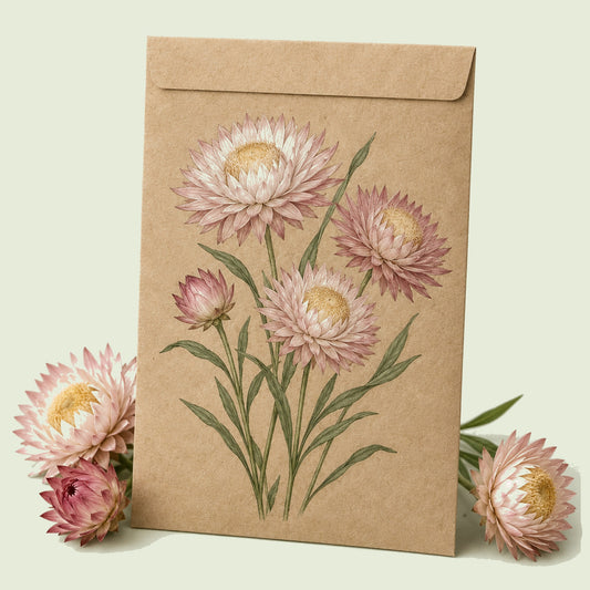 Kraft seed packet illustrated with Silvery Rose Strawflower, with fresh Silvery Rose Strawflower beside it