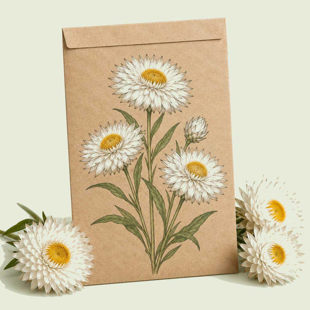 Kraft seed packet illustrated with Silvery White Strawflower, with fresh Silvery White Strawflower beside it