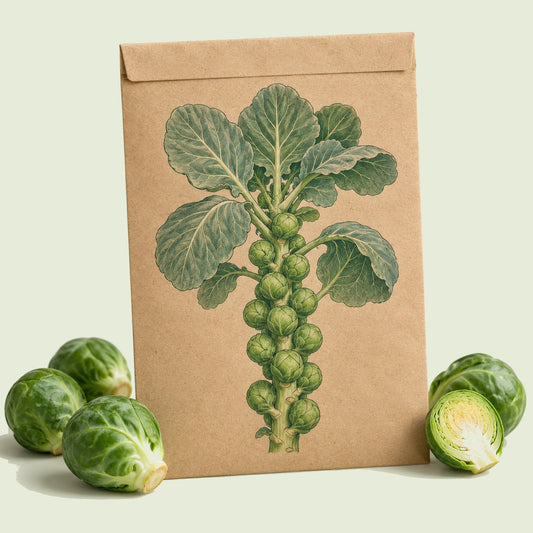 Kraft seed packet illustrated with Silvia Brussels Sprouts, with fresh Silvia Brussels Sprouts beside it