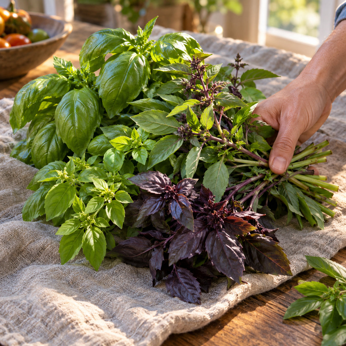 Six Basil Blend Seeds harvest up close