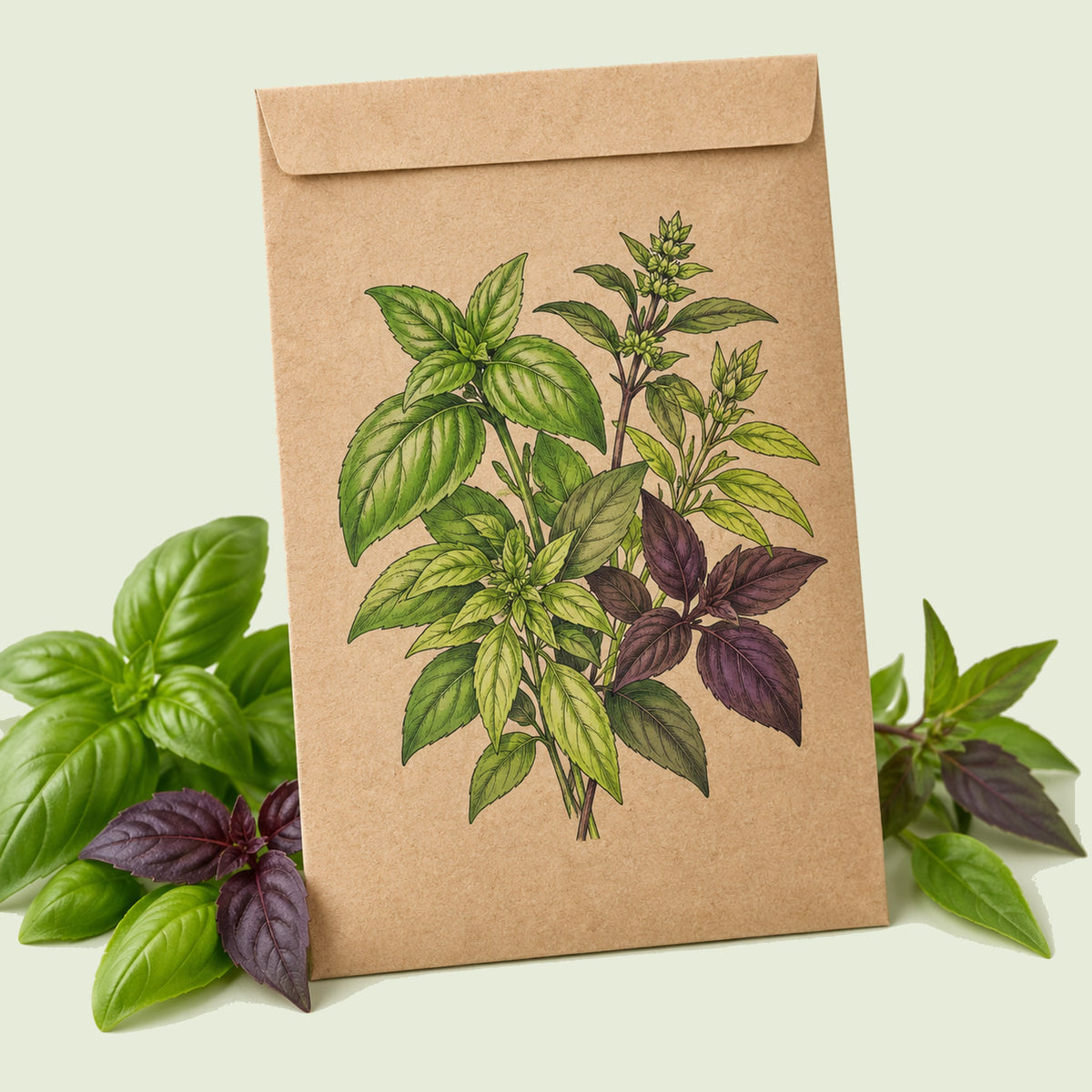 Kraft seed packet illustrated with Six Basil Blend, with fresh Six Basil Blend beside it