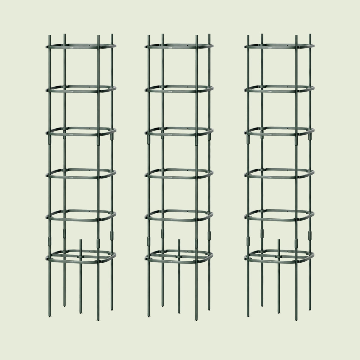 Six-Tier Tomato Tower Supports, 3 Pack on a soft green background