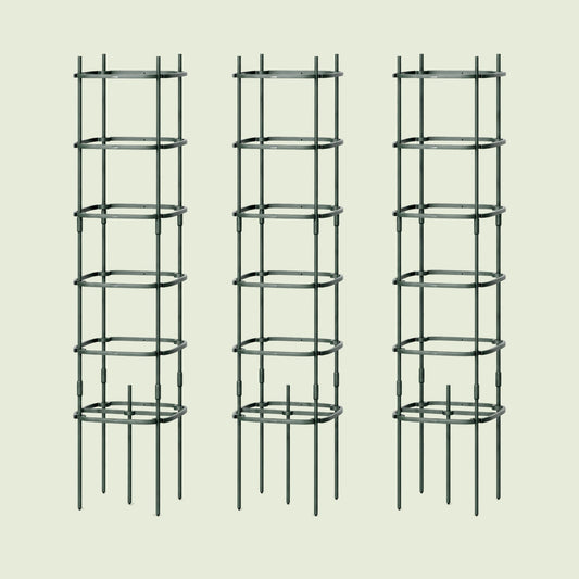 Six-Tier Tomato Tower Supports, 3 Pack on a soft green background