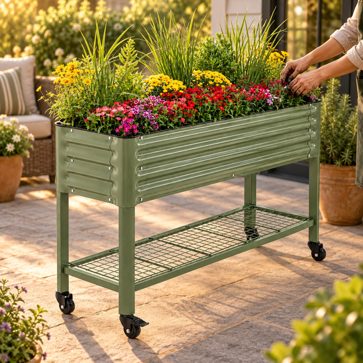 Slim Rolling Elevated Bed, 18 x 66 Inches in use in a home garden