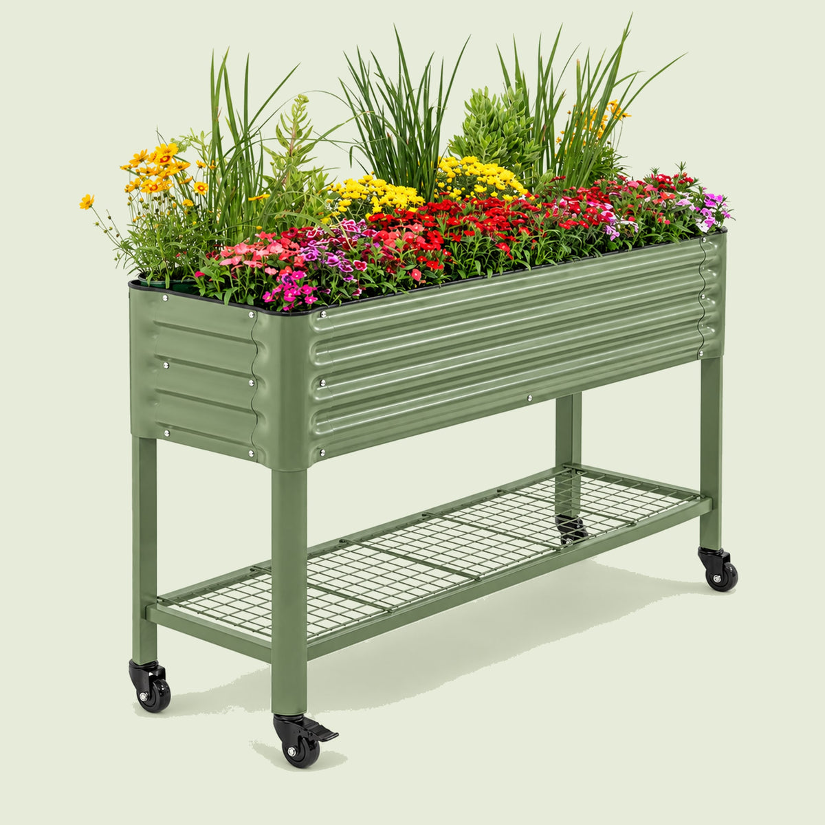 Slim Rolling Elevated Bed, 18 x 66 Inches on a soft green background