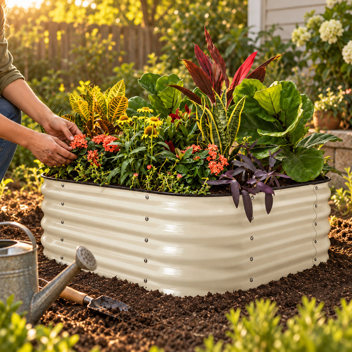 Small Modular Metal Raised Bed, 14 Inches Tall in use in a home garden