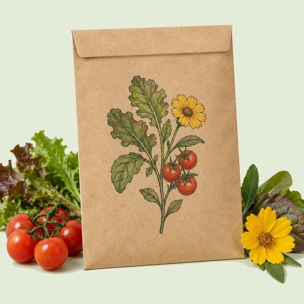 Kraft seed packet illustrated with Small Space Vegetable and Flower Seed Mix, with fresh Small Space Vegetable and Flower Seed Mix beside it