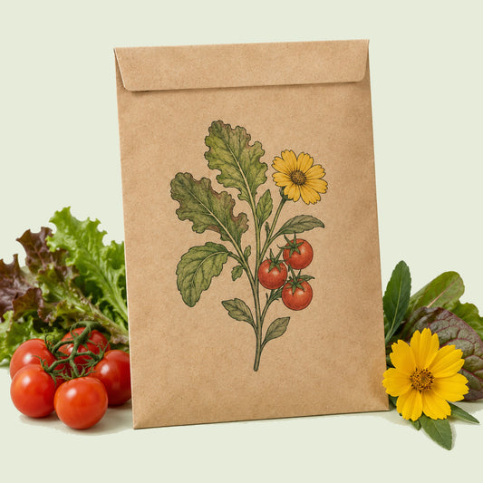 Kraft seed packet illustrated with Small Space Vegetable and Flower Seed Mix, with fresh Small Space Vegetable and Flower Seed Mix beside it