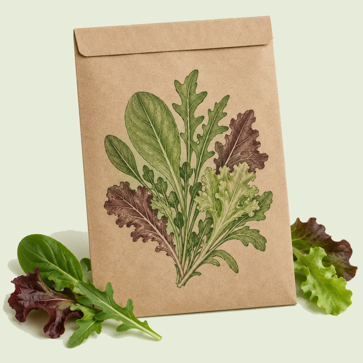 Kraft seed packet illustrated with Snappy Mesclun Baby Greens, with fresh Snappy Mesclun Baby Greens beside it
