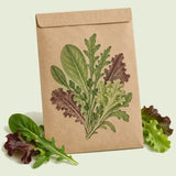 Kraft seed packet illustrated with Snappy Mesclun Baby Greens, with fresh Snappy Mesclun Baby Greens beside it