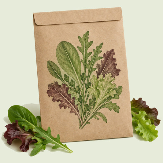 Kraft seed packet illustrated with Snappy Mesclun Baby Greens, with fresh Snappy Mesclun Baby Greens beside it