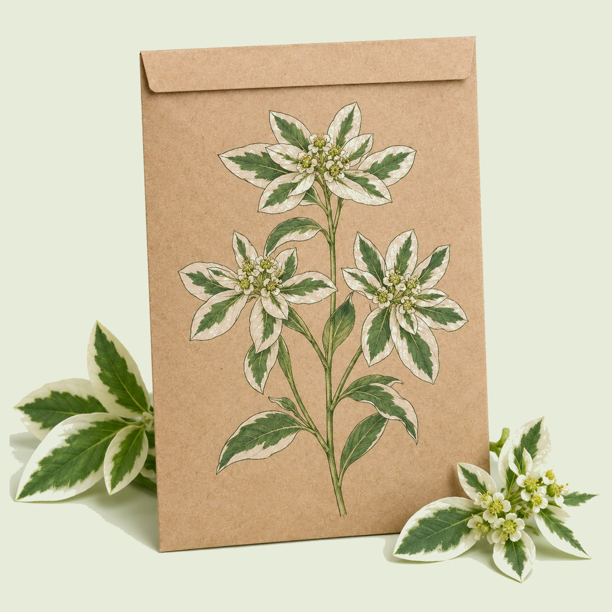 Kraft seed packet illustrated with Snow on the Mountain Euphorbia, with fresh Snow on the Mountain Euphorbia beside it