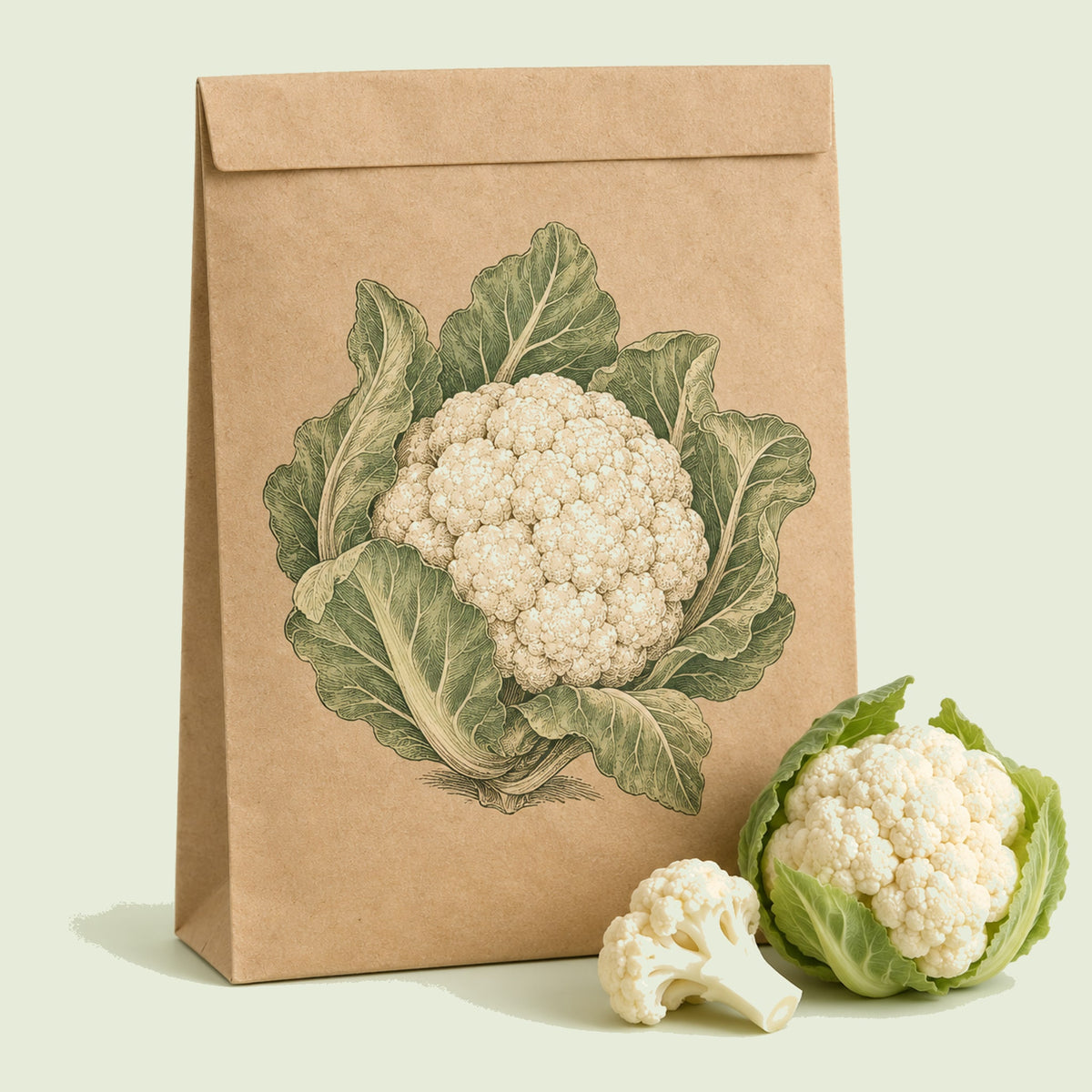 Kraft seed packet illustrated with Snowball Y Cauliflower, with fresh Snowball Y Cauliflower beside it