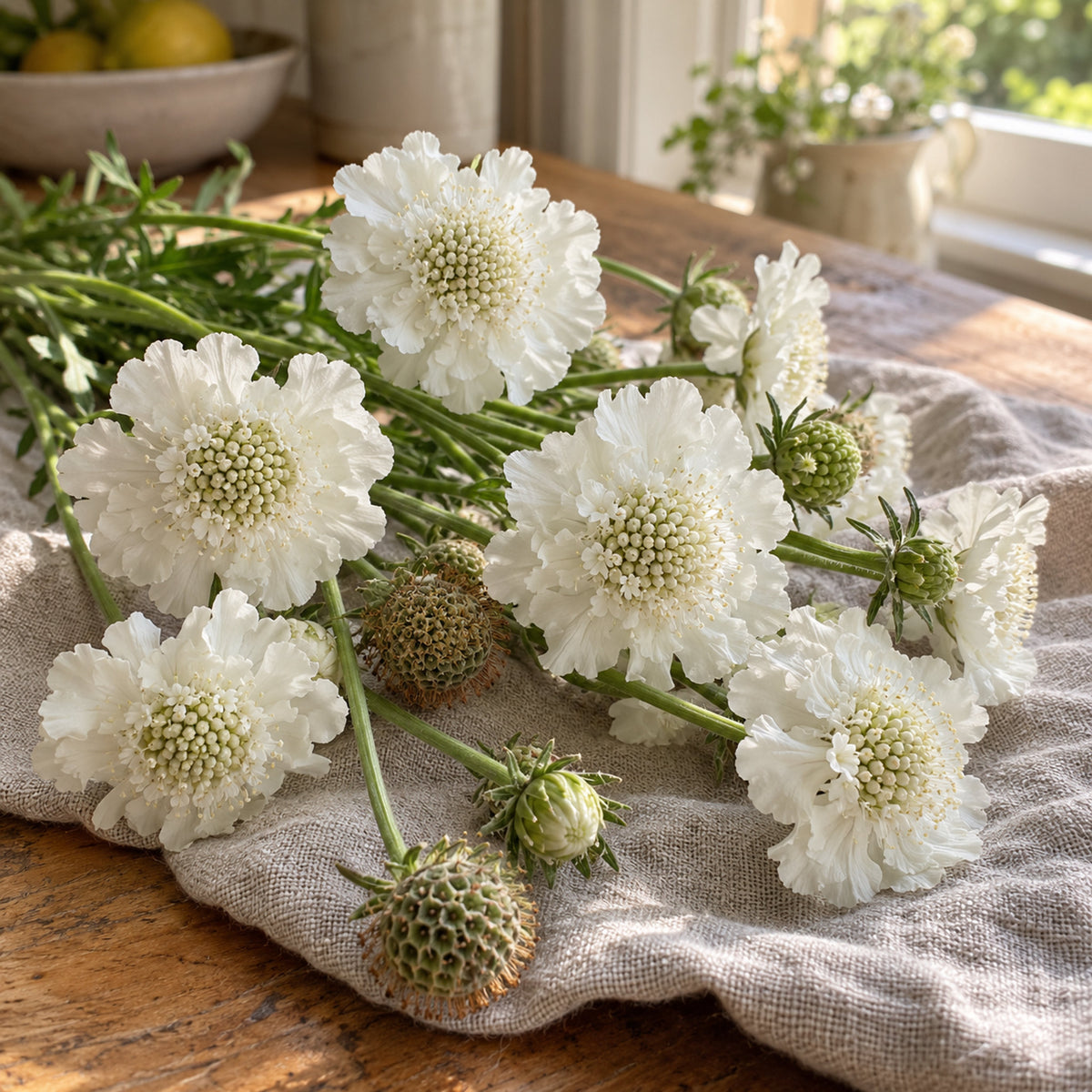 Snowmaiden Scabiosa Seeds harvest up close