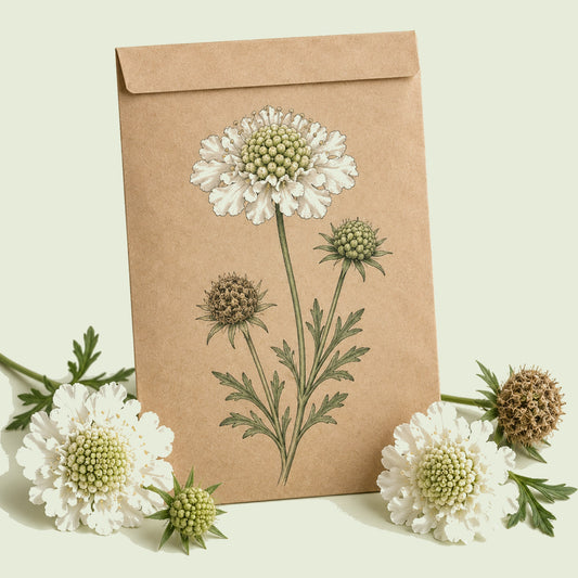 Kraft seed packet illustrated with Snowmaiden Scabiosa, with fresh Snowmaiden Scabiosa beside it