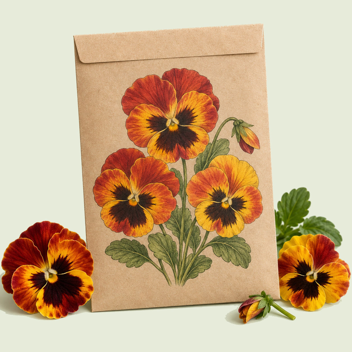 Kraft seed packet illustrated with Solar Flare Pansy, with fresh Solar Flare Pansy beside it