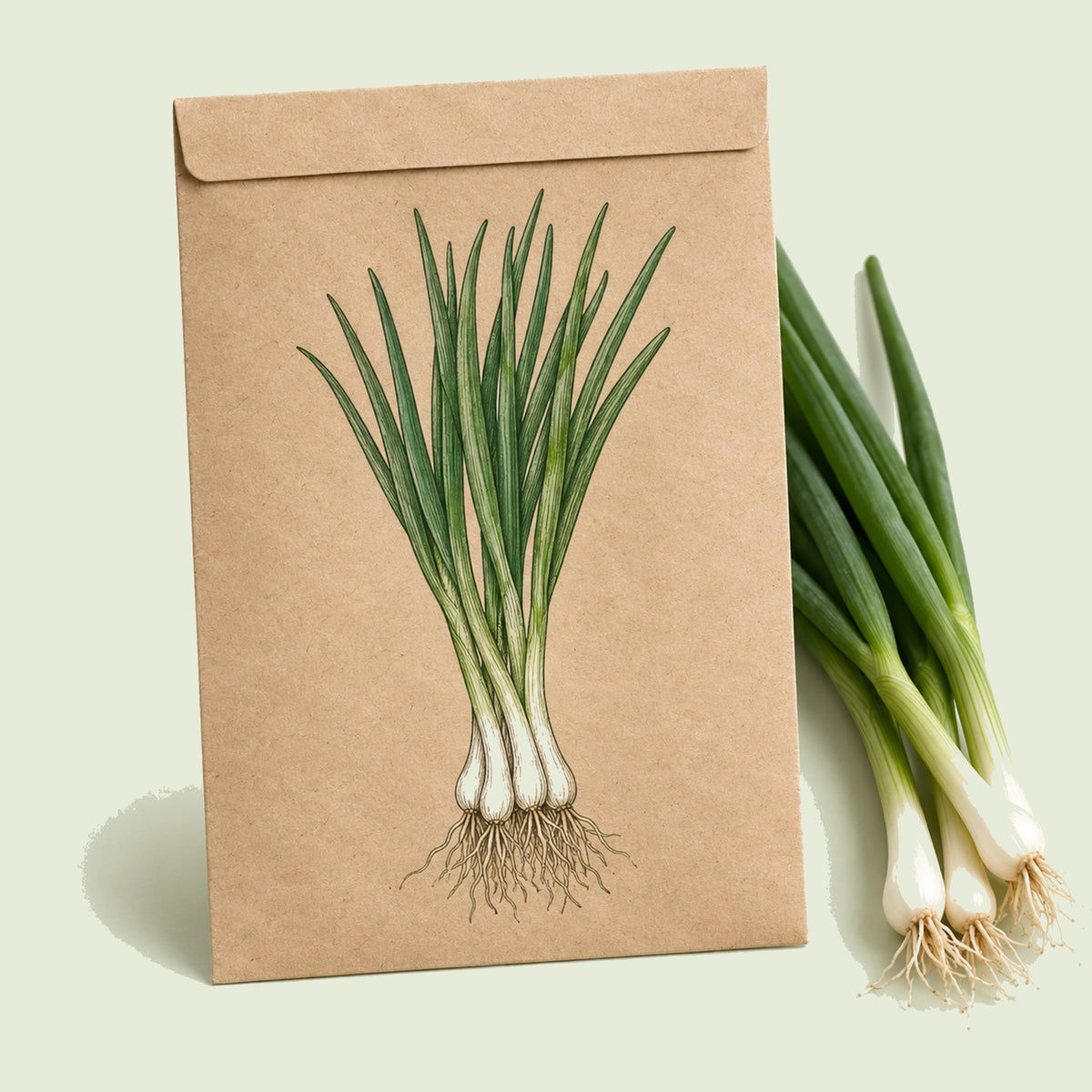 Kraft seed packet illustrated with Solbunch Scallion, with fresh Solbunch Scallion beside it
