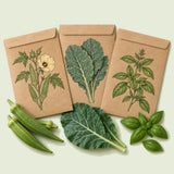 Kraft seed packet illustrated with Southeast Garden Seed Bundle, with fresh Southeast Garden Seed Bundle beside it