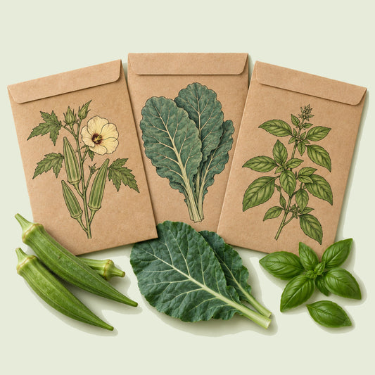 Kraft seed packet illustrated with Southeast Garden Seed Bundle, with fresh Southeast Garden Seed Bundle beside it