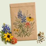 Kraft seed packet illustrated with Southern Hills and Plains Wildflower Mix, with fresh Southern Hills and Plains Wildflower Mix beside it