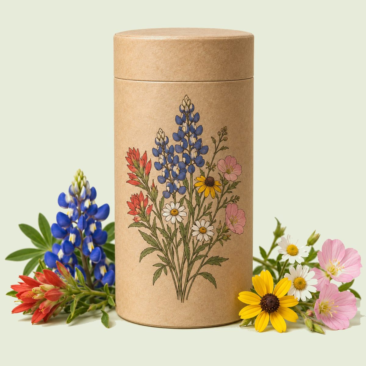 Kraft seed packet illustrated with Southern Plains Flower Mix Seed Shaker, with fresh Southern Plains Flower Mix Seed Shaker beside it