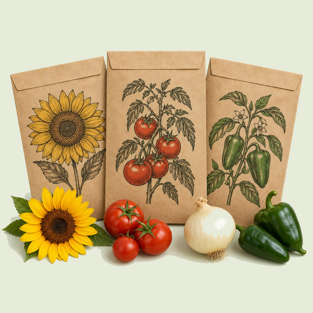 Kraft seed packet illustrated with Southwest Garden Seed Bundle, with fresh Southwest Garden Seed Bundle beside it
