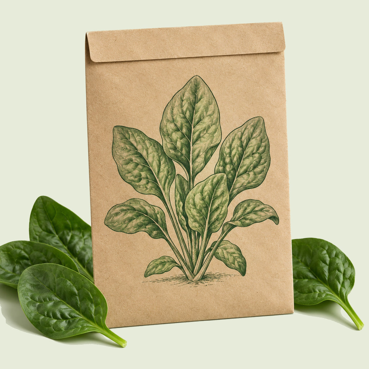Kraft seed packet illustrated with Space Spinach, with fresh Space Spinach beside it