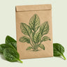 Kraft seed packet illustrated with Space Spinach, with fresh Space Spinach beside it