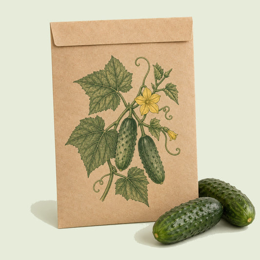 Kraft seed packet illustrated with Spacemaster 80 Cucumber, with fresh Spacemaster 80 Cucumber beside it