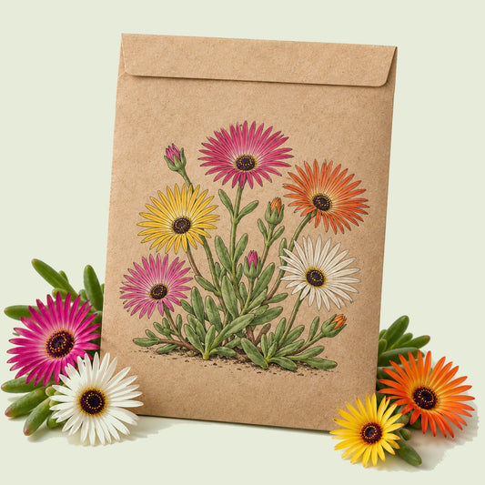 Kraft seed packet illustrated with Sparkle Iceplant Blend, with fresh Sparkle Iceplant Blend beside it