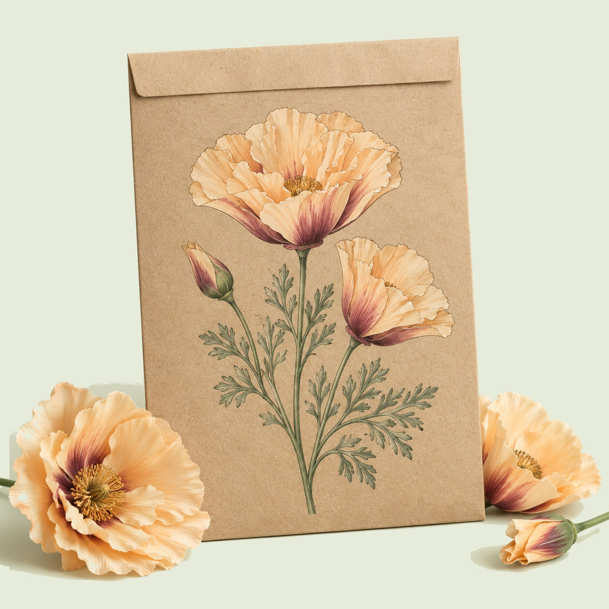 Kraft seed packet illustrated with Sparky Apricot Poppy, with fresh Sparky Apricot Poppy beside it